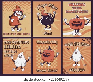  Set of Trendy  Groovy retro 70s Halloween posters  with Gloved ghosts, pumpkin, witch, potion cauldron and inscription happy halloween. Card template Funky old vintage cartoon characters and elements