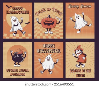  Set of Trendy  Groovy retro 70s Halloween posters  with Gloved ghosts, pumpkin, witch, potion cauldron and inscription happy halloween. Card template Funky old vintage cartoon characters and elements