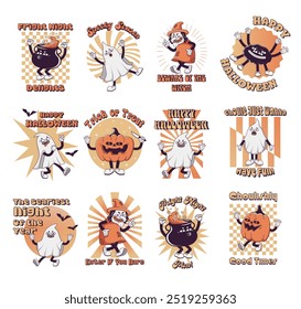 Set of Trendy Groovy retro 70s Halloween clip art with Gloved ghosts, pumpkin, witch, potion cauldron and inscription happy halloween. Card template Funky old vintage cartoon characters and elements