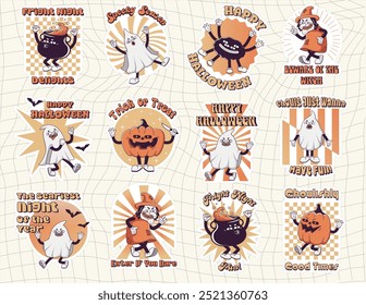 Set of Trendy  Groovy retro 70s Halloween printable stickers with Gloved ghosts, pumpkin, witch, potion cauldron and inscription happy halloween. Card template Funky old vintage cartoon characters  