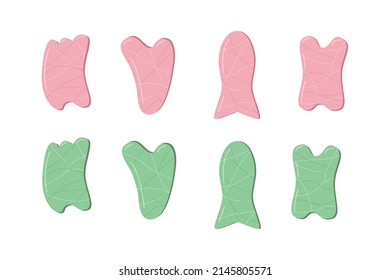 A set of trendy gua sha scrapers made of natural stone, massager for facial care. Vector illustration skin care concept