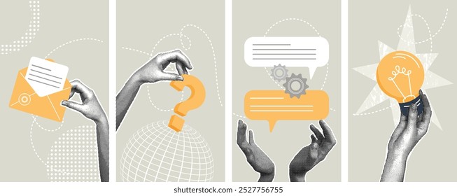 Set of trendy halftone business concept collages. Vector illustrations of idea, feedback, writing, planning, teamwork. Creative concepts for web banner, social media, business presentation, marketing.