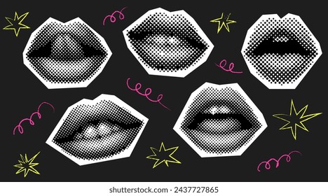 Conjunto de etiqueta engomada de colage de semitonos de moda. Elementos de medio tono retro con labios, boca y garabato. Conjunto vectorial vintage. Plantilla para banner, póster, tarjeta.