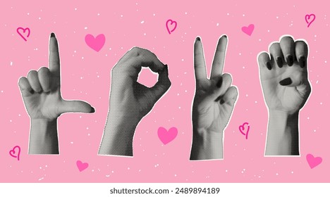 Set of trendy halftone collage sticker. Retro halftone elements with hands and doodle. Love in sign language. Modern vector illustration. Template for banner, poster, card.