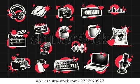 Set of trendy halftone collage sticker elements for content creator. Vector icons of camera, microphone, laptop and cat for social media marketing and digital creative design project.
