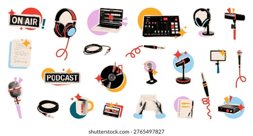 Set of trendy halftone collage vector illustration with podcast equipment. Icons featuring microphone, headphone, mixer, and audio recorder for recording studio and broadcasting design.