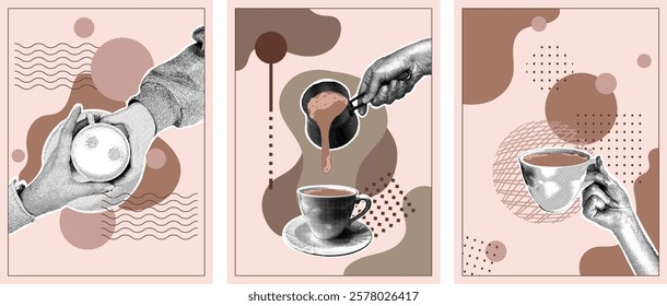 Set of trendy halftone collages. Hands with halftone effect pours hot coffee into white porcelain cup, treat coffee on abstract background. Abstract background color Mocha Mousse