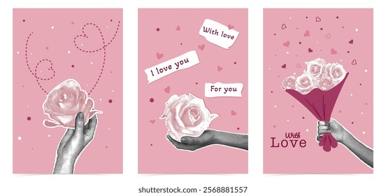 Set of trendy halftone collages. Postcards in collage style for Valentine's Day March 8. Image of hands with roses and bouquet of halftone roses. Fashionable retro collage from the 80's. 