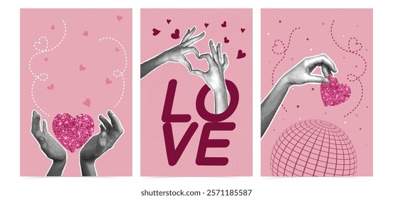 A set of trendy halftone collages. Postcards in collage style for Valentine's Day, March 8. Heart shaped hand image, hand with glitter heart.Fashionable modern retro illustration in mixed technique