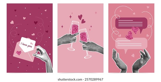 Set of trendy halftone collages for Valentine's Day, March 8. Hands holding flutes, greeting cards, online congratulating each other. Trendy retro collage from the 80s. 