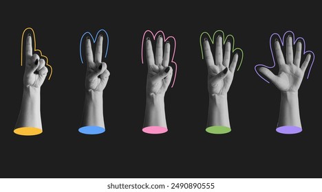 Set of trendy halftone hands collage. Retro halftone elements. Hands show with different gestures. Hands show one, two, three, four, five. Vintage vector set. Template for banner, poster, card.