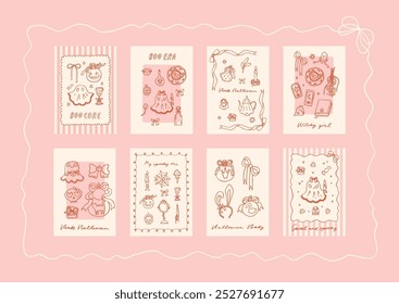 Set of trendy halloween cards in pink and red colors. Coquette style cute ghosts, vintage mirror, witch hat, pumpkins with bows, potion bottles. Victorian gothic clipart. Vector illustrations