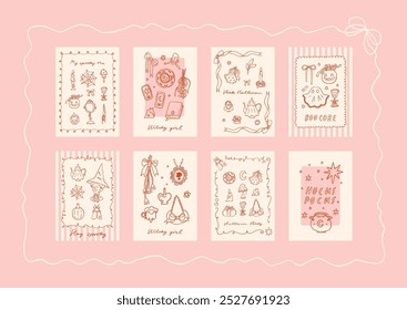 Set von trendigen Halloween-Karten in rosa und roten Farben. Coquette Stil niedliche Geister, Vintage-Spiegel, Hexenhut, Kürbisse mit Schleifen, Trank Flaschen. Viktorianisch-gotischer Clipart. Vektorgrafiken