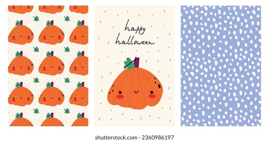 Set of trendy Halloween design with decorative pumpkins and typography. Bright pattern with cartoon pumpkins.