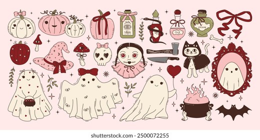 Set of trendy halloween elements in pink and dark red colors. Coquette style cute ghosts, vintage mirror, witch hat, pumpkins with bows, potion bottles. Victorian gothic clipart. Vector illustrations