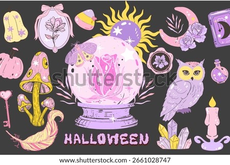 Set of trendy Halloween elements in pink and dark red colors. Coquette style cute ghosts, vintage mirror, witch hat, pumpkins with bows, potion bottles. Victorian gothic clipart. Vector illustrations