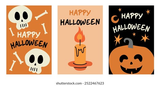 Conjunto de cartazes da moda de Halloween. Estilo plano e personagens engraçados. Cartaz vetorial bonito definido para cartão postal, banner, folheto. 