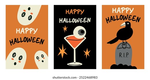 Set of trendy Halloween posters. Flat style and funny characters. Cute vector poster set for postcard,banner, flyer.