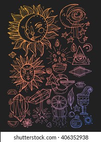 Set of trendy  hand draw vector Alchemy symbols collection on black background. Religion, philosophy, spirituality, occultism,chemistry, science, magic. Design and tattoo elements.Vector illustration.
