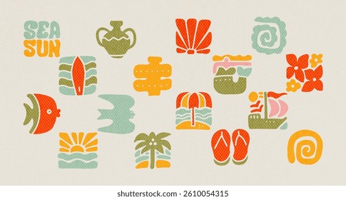 Set of trendy hand drawn abstract symbols of summer nature, sea vacation , surf vibes and blooming plants. Large collection, unusual organic forms in squared art-matisse style by hand. Flat Vector