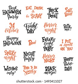 Set of trendy hand drawn Halloween phrases and quotes for greeting cards, flyers, poster or party invitations design. Isolated black on white. Lettering vector illustration.