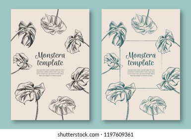 Set of trendy hand drawn palm leaves backgrounds. Tropical vector templates. Decorative greeting card, invitation or poster.