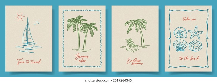 Set of trendy hand drawn posters. Vector doodle vintage cards with palm tree, seashells, yacht, typography design. Retro flyers for decoration party, holiday, event, poster, invitation, banner.