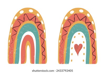 Set von trendigen, handgezeichneten Regenbogen, Herz. Modernes, Retro-Element isoliert auf weißem Hintergrund. Einfache Figur in einem minimalistischen Stil. Für Druck, Tapete, Banner, Postkarte. Vektor-Kunst-Illustration