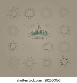 Set of trendy hand drawn retro sunburst/bursting rays design elements.