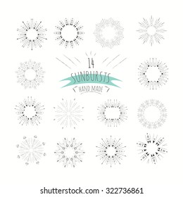 Set of trendy hand drawn retro sunburst/bursting rays design elements.