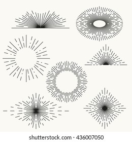 Set trendy hand drawn retro sunburst. Vintage linear