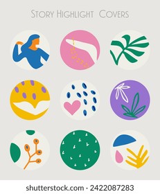 Set of trendy hand drawn story highlights covers. Vector icons on for social media, blogging. Simple naive art, Matisse inspired