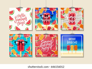 set of trendy hand lettering posters. Hand drawn calligraphy Hello summer time, summer holidays enjoy it 