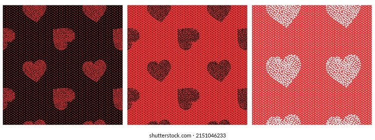 Set of trendy hand-drawn doodle seamless pattern with hearts. Collection of valentines day backgrounds