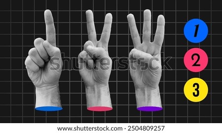 Set of trendy hands collage. Retro  elements. Hands show one, two, three. Vintage vector set. Vector illustration
