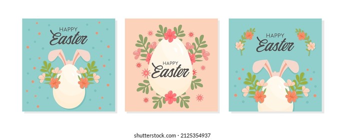 Juego de tarjetas de felicitación Happy Easter. Plantillas cuadradas de banner con huevos de Pascua, elementos florales decorativos y orejas de conejo. Afiches de venta moderna, portadas de vacaciones o publicaciones en medios sociales. Vector.