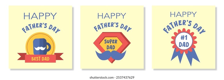 Set of trendy Happy Father's Day greeting cards with tags, symbol, minimal red and yellow colors, cartoon holiday simple vector illustration for square banner, template, poster, flyer, social media