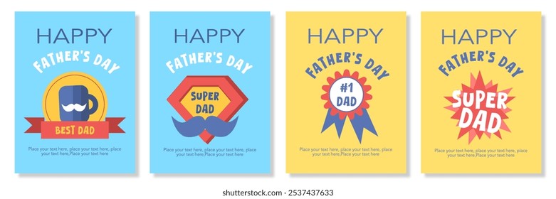 Set of trendy Happy Father's Day greeting cards with tags, symbol, minimal blue and yellow colors, cartoon holiday simple vector illustration for vertical banner, template, poster, flyer, social media