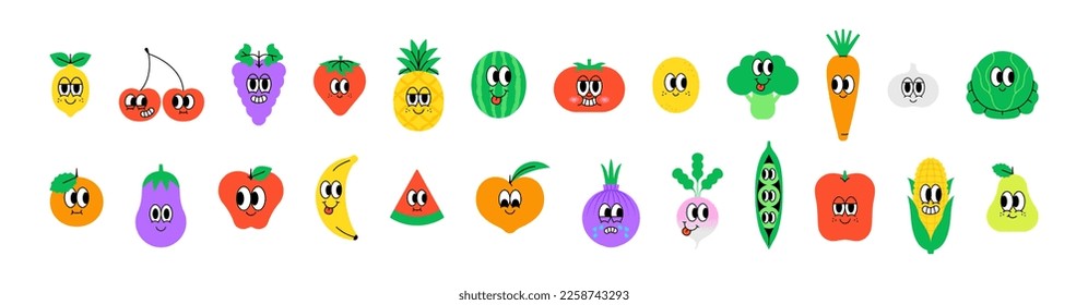 Set of trendy happy food sticker in vintage cartoon style. Retro cooking ingredient, vegetarian character label illustration collection on isolated background. Funny vegetable and fruit mascot bundle.