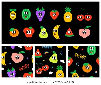 Conjunto de moda de fruta feliz sin fisuras en estilo de caricatura vintage. El fondo de las frutas tropicales de verano retro. Colección de ilustraciones de etiquetas de caracteres. Comida divertida y colorida estampada de mascota.