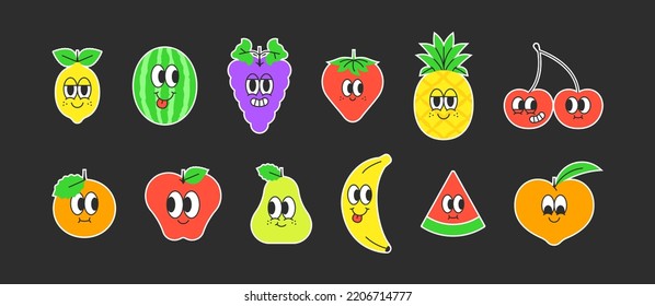 Set of trendy happy fruit sticker in vintage cartoon style. Retro summer tropical fruits, character label illustration collection on isolated background. Funny colorful food mascot bundle.