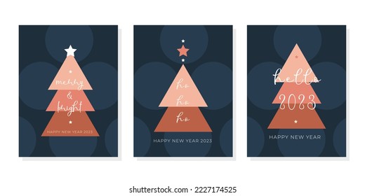 Set trendy Happy New Year greeting cards ho ho ho Merry Christmas template Minimalistic design blue brown boho