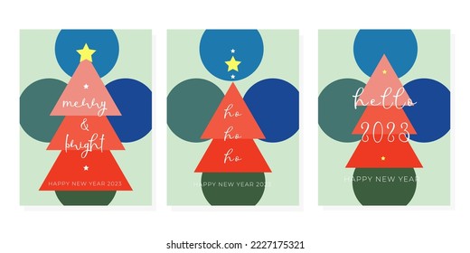 Set trendy Happy New Year greeting cards ho ho ho Merry Christmas template Minimalistic design green boho bauhaus color