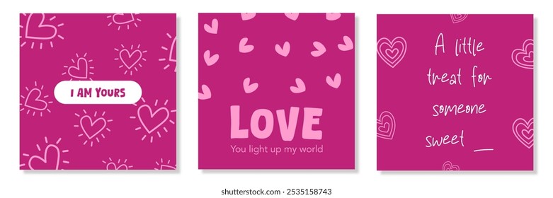 Set of Trendy Happy Valentine's Day with romantic cute pink heart in purple background for sale, advertising, brochures, postcard, greeting card, flyer, banners, social media. vector illustration.