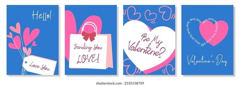 Set of Trendy Happy Valentine's Day with pink heart, simple shapes in blue background for sale, advertising, brochures, postcard, greeting card, flyer, banners, social media. vector illustration.