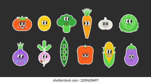 Set of trendy happy vegetable sticker in vintage cartoon style. Retro cooking ingredient, vegetarian character label illustration collection on isolated background. Funny colorful food mascot bundle.