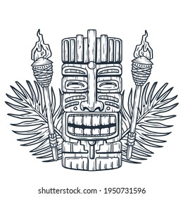 Set of trendy hawaii wooden tiki mask for surfing bar. Traditional ethnic idol and hawaiian surf, maori or polynesian. Old tribal totem torch
