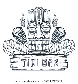 Set of trendy hawaii wooden tiki mask for surfing bar. Traditional ethnic idol and hawaiian surf, maori or polynesian. Old tribal totem torch