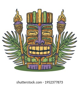 Set of trendy hawaii wooden tiki mask for surfing bar. Traditional ethnic idol and hawaiian surf, maori or polynesian. Old tribal totem torch