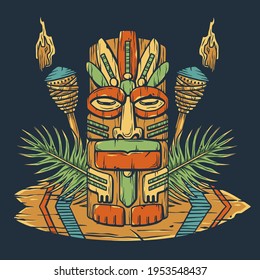 Set of trendy hawaii wooden tiki mask for surfing bar. Traditional ethnic idol and hawaiian surf, maori or polynesian. Old tribal totem torch